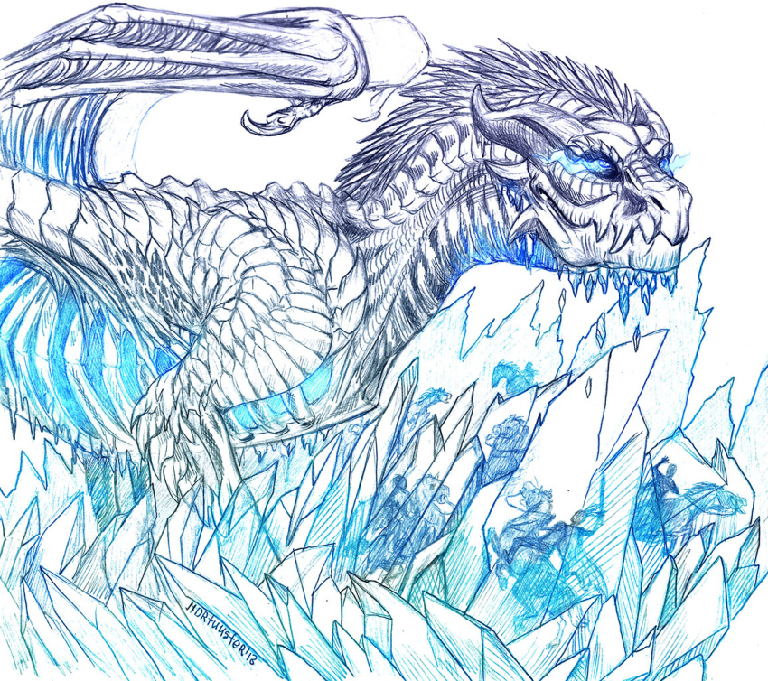 2018 archspirigvit blue_eyes bone_dragon claws dragon hair horn ice membrane_(anatomy) membranous_wings scales scalie traditional_media_(artwork) western_dragon wings