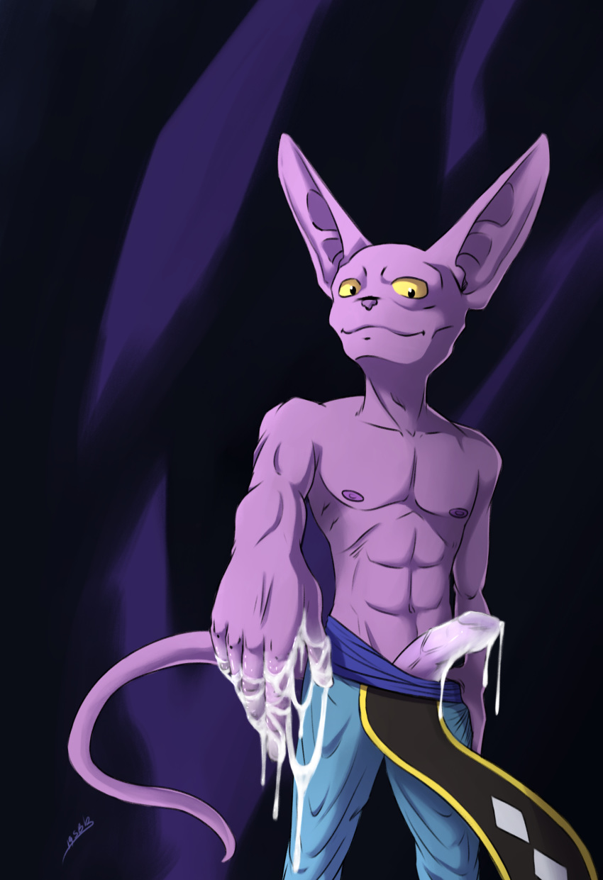 absurd_res anthro balls beerus bodily_fluids bottomwear clothed clothing cum demanding domestic_cat dragon_ball dragon_ball_super dragon_ball_z excessive_cum felid feline felis genital_fluids hi_res humanoid_penis male mammal muscular muscular_male pants penis presenting silas_blackwing solo topless