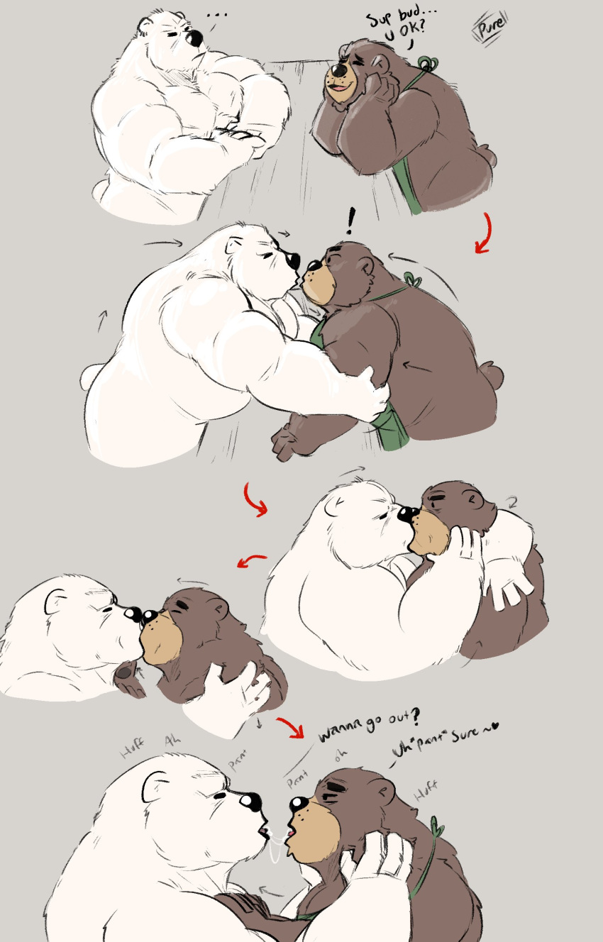 2019 absurd_res anthro apron belly black_nose brown_body brown_fur clothing english_text eyes_closed fur hi_res hug humanoid_hands kissing male mammal overweight overweight_male polar_bear pure_command text ursid ursine white_body white_fur