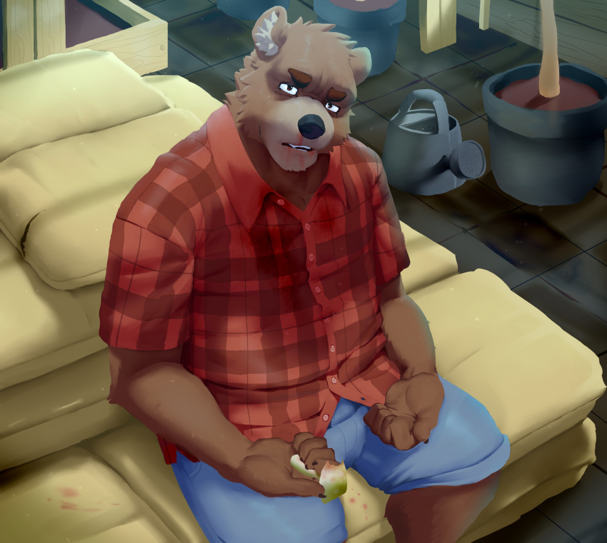 2019 absurd_res anthro biped blood blood_on_clothing blood_on_face bodily_fluids bottomwear brown_bear brown_body brown_eyes brown_fur cat_n1p clothed clothing crying dean_(password) fully_clothed fungus fur hi_res holding_object humanoid_hands inside looking_at_viewer male mammal mushroom pants password_(grizz) plant shirt sitting solo spoiler tears topwear ursid ursine watering_can