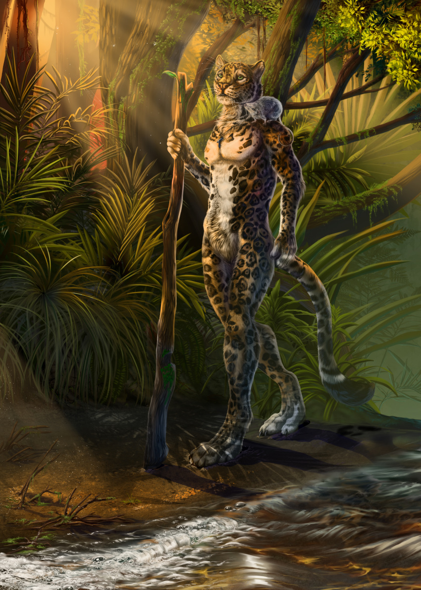 2016 4_toes 5_fingers absurd_res anthro day detailed_background digital_media_(artwork) duo felid fingers forest fur grass hi_res leopard male mammal outside pantherine spots spotted_body spotted_fur toes tree water wolfroad