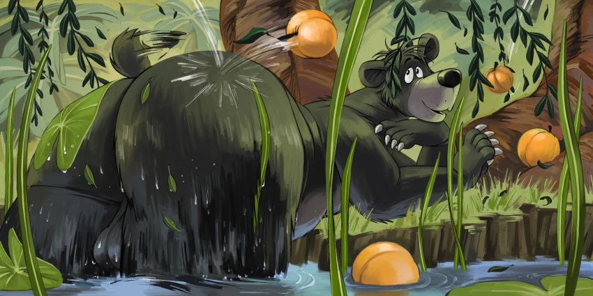 absurd_res alternate_version_at_source anthro balls baloo big_butt bondagefanart butt digital_media_(artwork) disney food fruit fur hi_res male mammal nude overweight overweight_male plant presenting presenting_hindquarters rear_view smile solo talespin thick_thighs ursid water wet