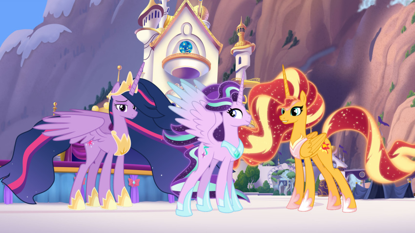 16:9 2019 3d4d canterlot castle cutie_mark equestria_girls equid feathered_wings feathers female feral friendship_is_magic group hair hi_res horn mammal mountain multicolored_hair my_little_pony outside sky smile starlight_glimmer_(mlp) sunset_shimmer_(eg) twilight_sparkle_(mlp) two_tone_hair winged_unicorn wings