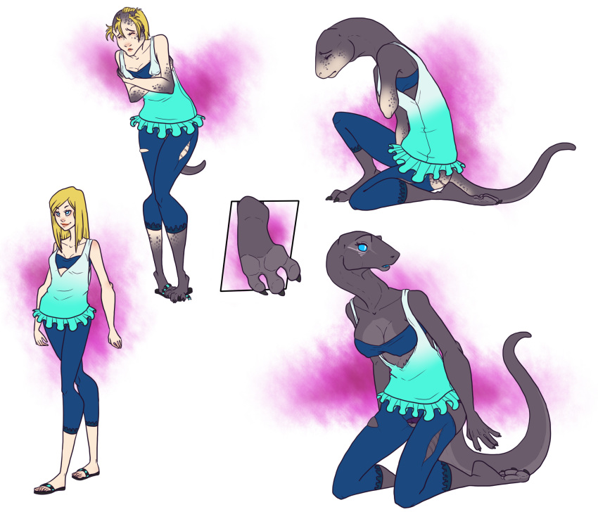 2013 3_toes anthro bald barefoot biped blonde_hair blue_eyes blue_sclera bottomwear bra breast_expansion breasts camel_toe clothing eelea eyes_closed female hair hi_res human human_to_anthro kneeling lizard long_neck mammal nipple_outline open_mouth pants reptile scalie sequence simple_background smile solo species_transformation standing surprise toes torn_clothing transformation underwear white_eyes