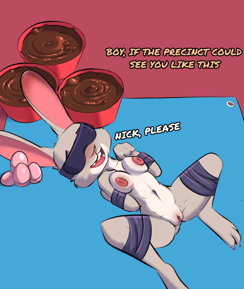 absurd_res anthro arms_tied bdsm blazera blindfold bound breasts buckteeth candy chocolate comic dialogue disney english_text female food fur grey_body grey_fur hi_res judy_hopps lagomorph legs_tied leporid lying mammal navel nipples on_back open_mouth open_smile pussy rabbit red_background simple_background smile solo spread_legs spreading teeth text tongue zootopia