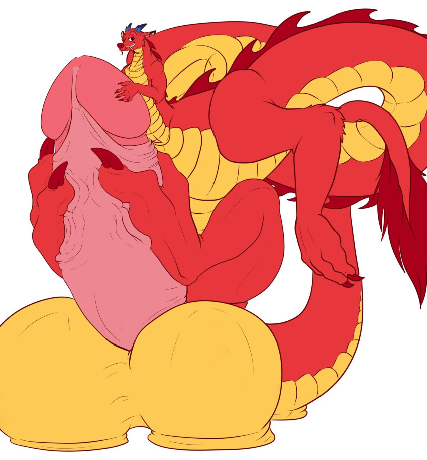 2019 5_fingers asian_mythology disney dragon dragon_taur east_asian_mythology eastern_dragon fingers fur hand_on_penis hi_res holding_penis humanoid_penis hyper hyper_penis looking_at_viewer male mane mulan_(copyright) multi_limb mushu mythology nude penis red_body red_fur red_mane scales simple_background slinkydragon_(colorist) smile solo taur yellow_body yellow_scales