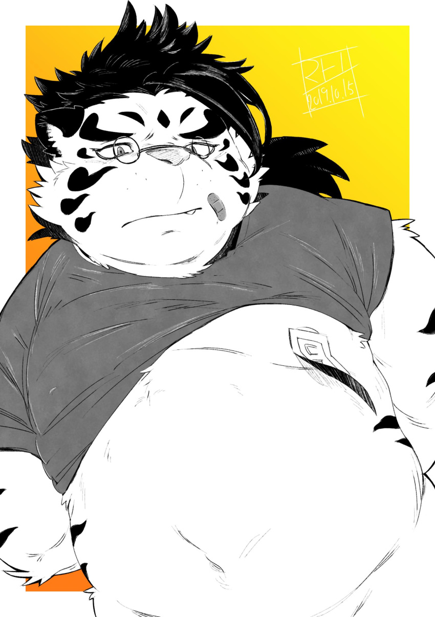 2019 anthro belly clothing cute_fangs eyewear felid glasses hi_res licho_(tas) male mammal moobs navel nipples pantherine rei_illustrator shirt simple_background slightly_chubby solo tiger tokyo_afterschool_summoners topwear video_games