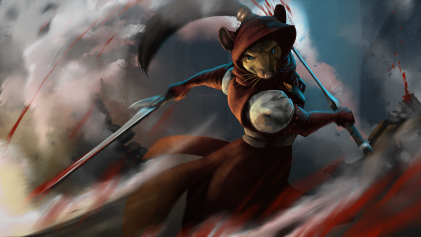 16:9 ambiguous_gender anthro armello armor blood blue_eyes bodily_fluids brown_body brown_fur clothed clothing duo fur holding_object holding_sword holding_weapon hood ipoke mammal melee_weapon murid murine rat rodent sword video_games weapon whiskers zosha_(armello)