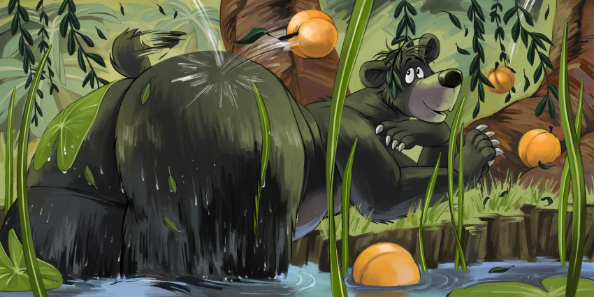 absurd_res alternate_version_at_source anthro baloo big_butt bondagefanart butt digital_media_(artwork) disney food fruit fur hi_res male mammal nude overweight overweight_male plant presenting presenting_hindquarters rear_view smile solo talespin thick_thighs ursid water wet