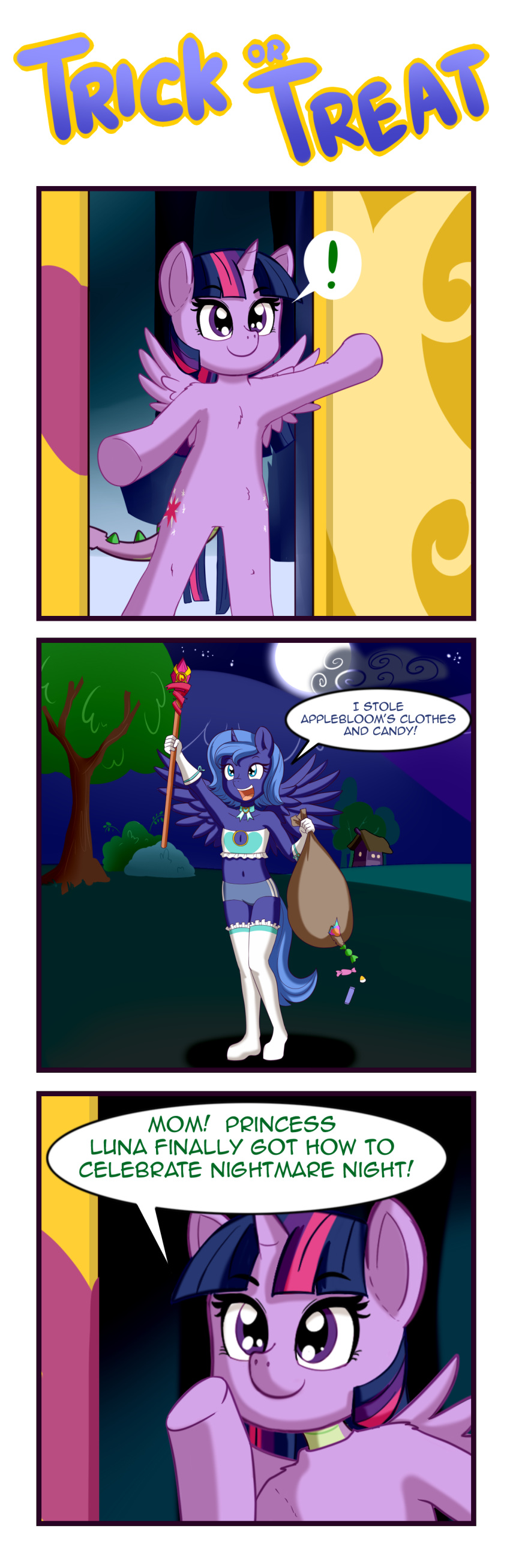 ! 2019 absurd_res anibaruthecat anthro clothing cutie_mark dialogue english_text equid eyelashes female friendship_is_magic hi_res horn legwear mammal my_little_pony open_mouth princess_luna_(mlp) purple_eyes text twilight_sparkle_(mlp) winged_unicorn wings