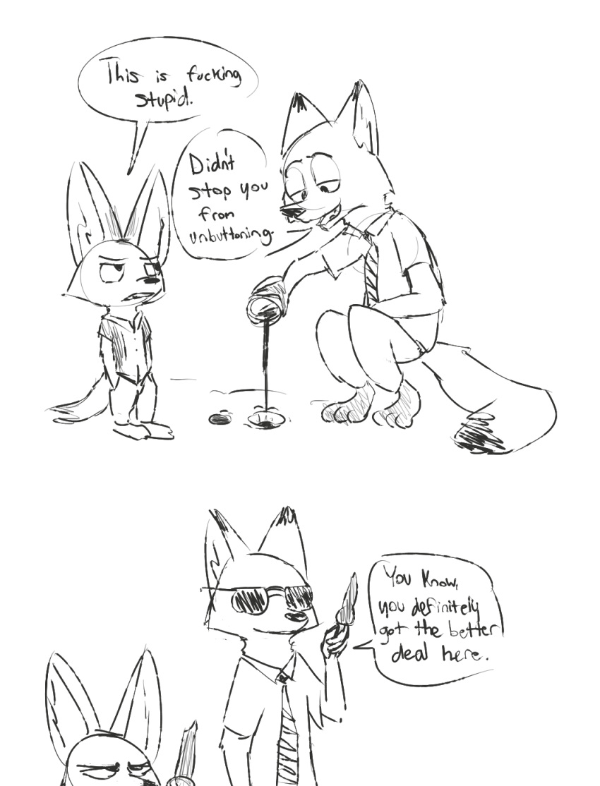 anthro barefoot black_and_white bottomwear canid canine clothed clothing comic dialogue disney duo english_text eyewear fennec finnick food fox hi_res holding_object male mammal monochrome necktie nick_wilde pants penis popsicle shirt simple_background sketch speech_bubble sunglasses text topwear visiti white_background zootopia