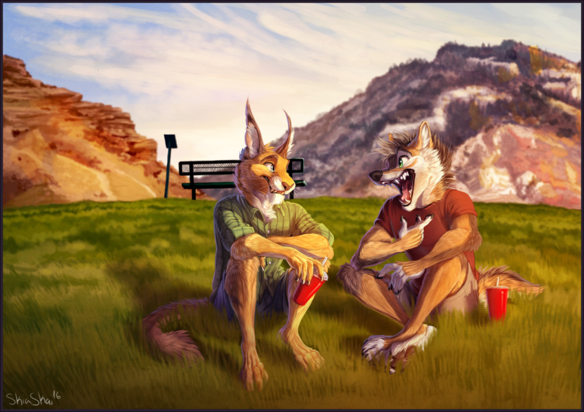 2016 anthro barefoot beverage bottomwear brown_body brown_fur canid canine claws clothed clothing cloud detailed_background duo fangs felid feline fluffy fluffy_tail fur grass green_eyes hill inner_ear_fluff light lighting looking_at_another male mammal open_mouth outside shadow shirt shorts sitting skiaskai sky sunlight t-shirt teeth toe_claws tongue topwear tuft whiskers white_body white_fur yellow_body yellow_fur