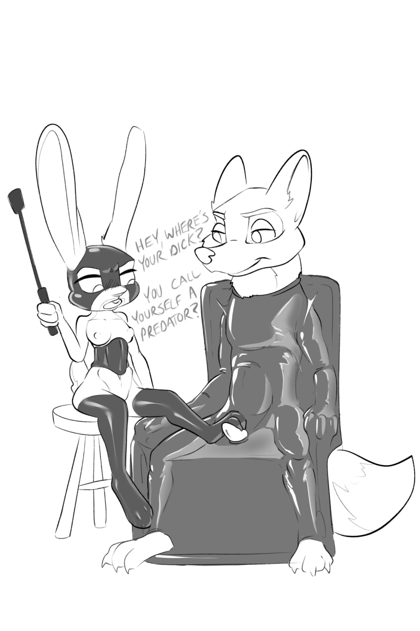 ? anthro anthro_on_anthro bdsm blazera breasts buckteeth canid canine dialogue disney domination dominatrix duo english_text female female_domination fox furniture hi_res holding_object judy_hopps lagomorph leporid looking_at_another male male/female mammal mask monochrome nick_wilde nipples open_mouth penis rabbit rubber simple_background sitting stool teeth text white_background zootopia