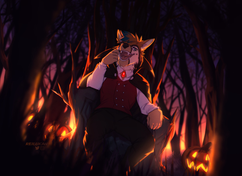 2019 5_fingers anthro biped canid canine canis detailed_background domestic_dog fingers forest grass lukiri male mammal night open_mouth outside sitting solo teeth tongue tree