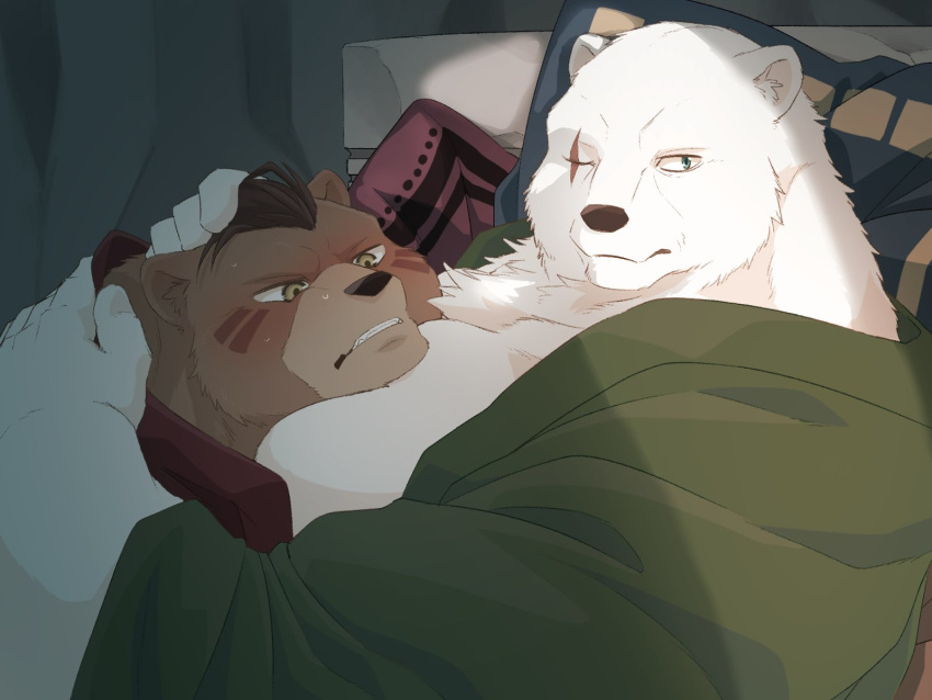 00makumakuma00 2019 4:3 anthro belly blush brown_body brown_fur crushfang_(sdorica_sunset) dagger_(sdorica_sunset) duo fur hi_res hug humanoid_hands male mammal overweight overweight_male polar_bear scar sdorica_sunset ursid ursine white_body white_fur