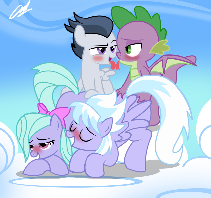 blush bow cloud_chaser_(mlp) dragon equid equine feathered_wings feathers female flitter_(mlp) friendship_is_magic group group_sex hi_res male male/female mammal my_little_pony penetration pterippus rumble_(mlp) sex spike_(mlp) succubi_samus tongue vaginal vaginal_penetration wings young