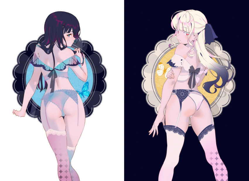 2girls aruterra ass black_hair blonde_hair garter_belt long_hair original red_eyes stockings