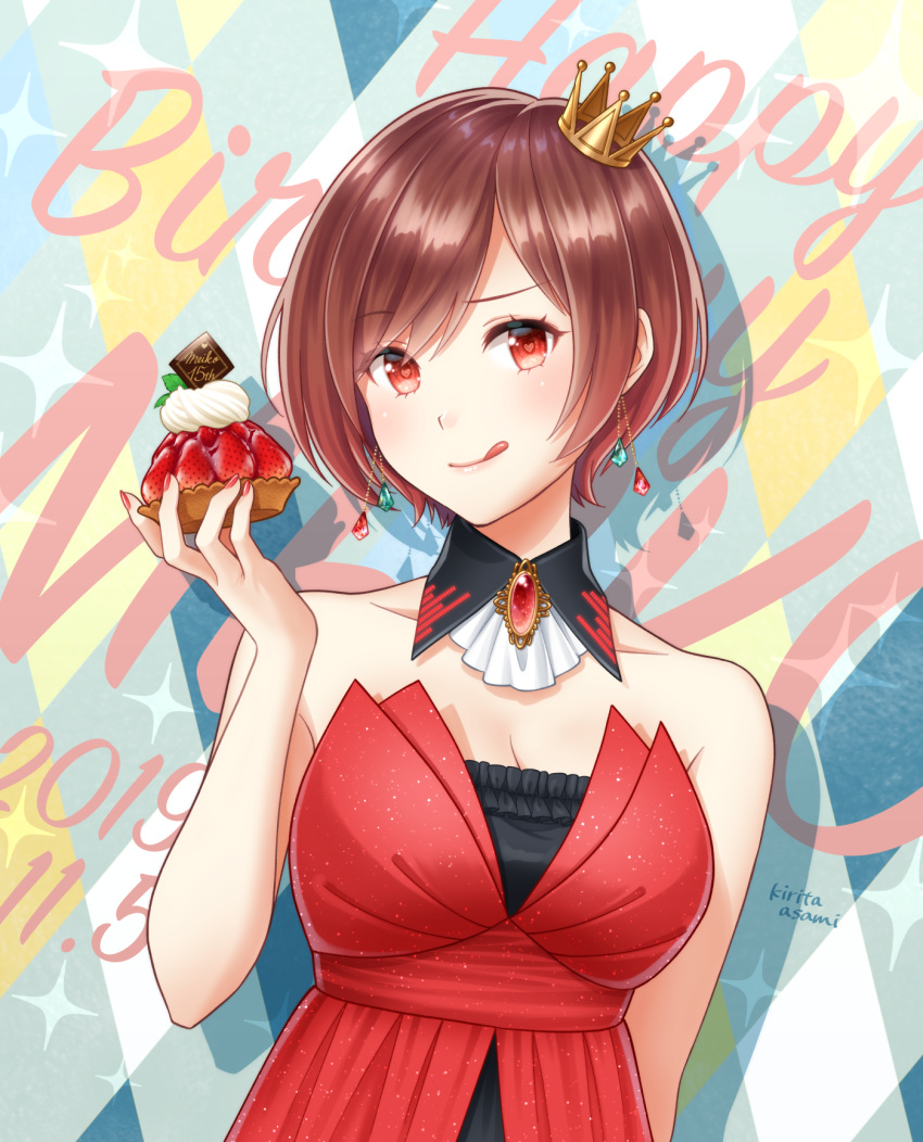 1girl :q asami_(undoundo) bangs bare_arms bare_shoulders breasts brooch brown_hair character_name cleavage closed_mouth commentary cream crown crystal dated dessert detached_collar dress earrings english_text food formal fruit gem happy_birthday heart heart_in_eye highres holding holding_food jewelry medium_breasts meiko mini_crown red_dress red_eyes red_nails short_hair smile solo strapless strapless_dress strawberry sweets swept_bangs symbol_in_eye tongue tongue_out upper_body vocaloid