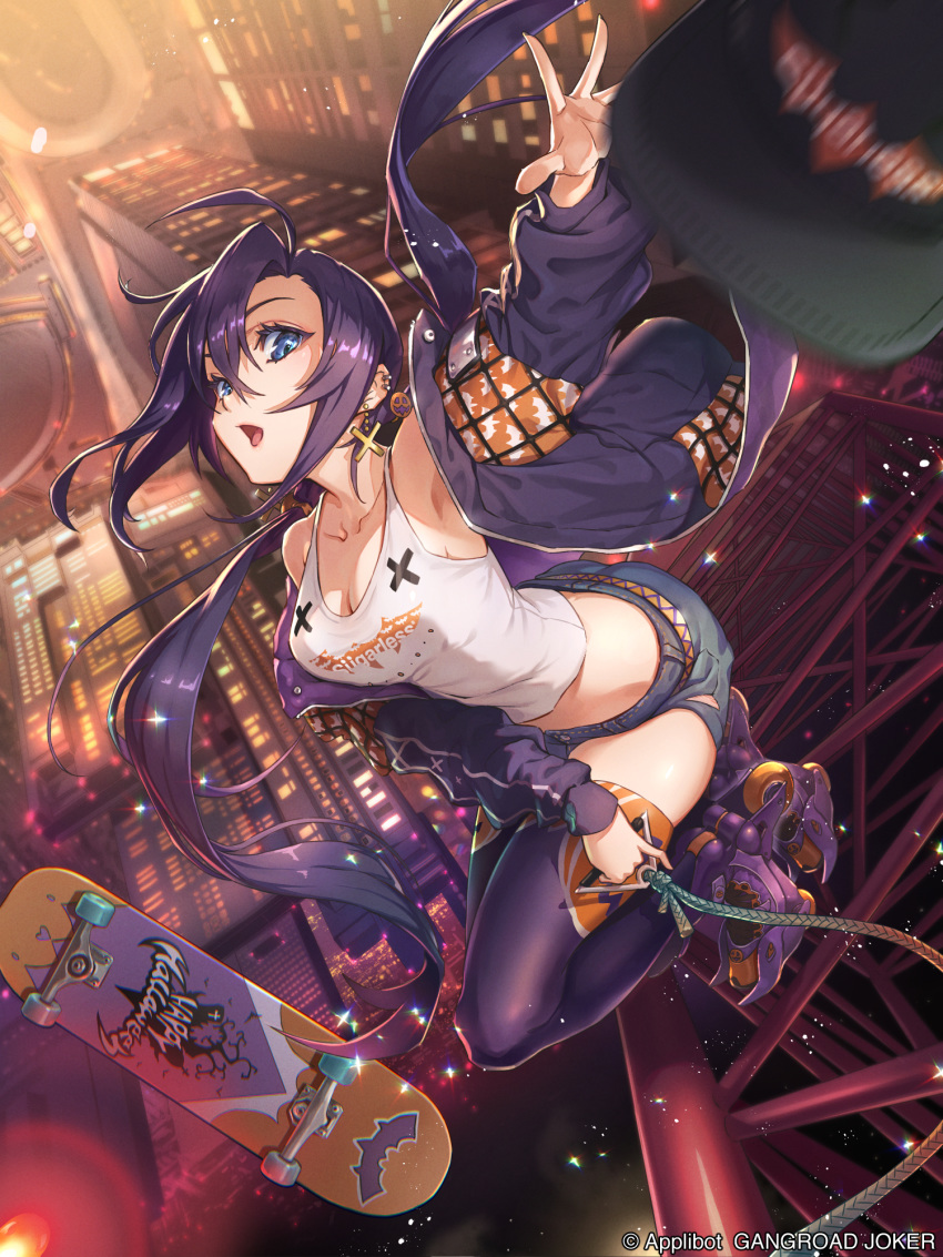 1girl bare_shoulders belt blue_eyes breasts building cleavage collarbone cross earrings eito_nishikawa furyou_michi_~gang_road~ hat highres jacket jewelry open_mouth outdoors purple_hair purple_jacket purple_legwear roller_skates rope skateboard skates solo tank_top thighhighs throwing tongue twintails