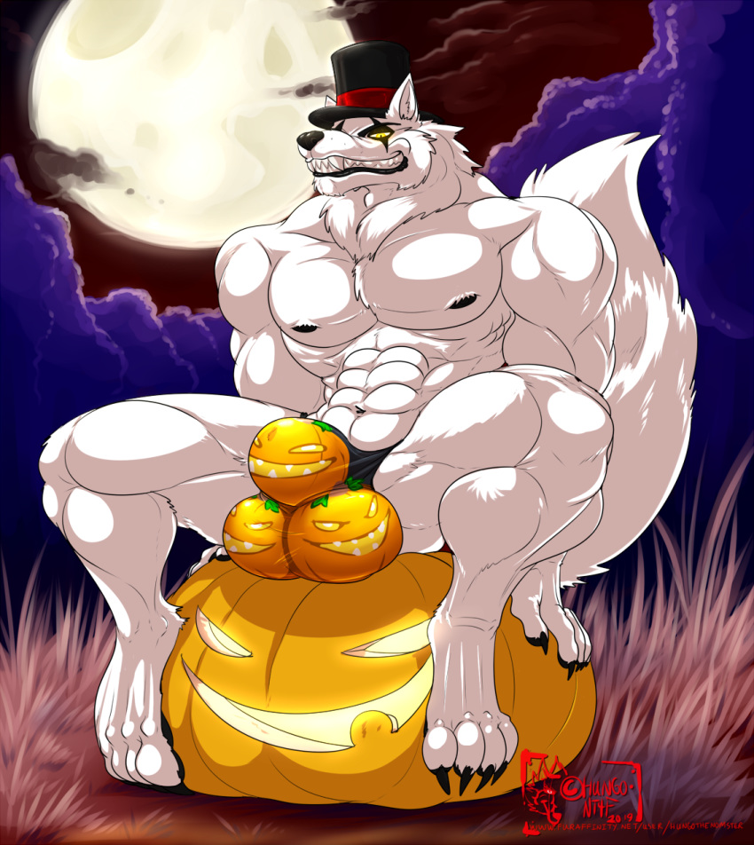 2019 4_toes 5_fingers abs anthro biceps biped bulge canid canine canis claws clothing digitigrade eyebrows fingers food fruit full_moon fur grin hat headgear headwear hi_res hungothenomster jack-o'-lantern looking_at_viewer male mammal moon muscular muscular_male muscular_thighs night nipples pecs plant pumpkin sharp_teeth sitting smile solo speedo swimwear teeth tight_underwear toe_claws toes top_hat were werecanid werecanine werewolf white_body white_fur white_skin wolf yellow_eyes