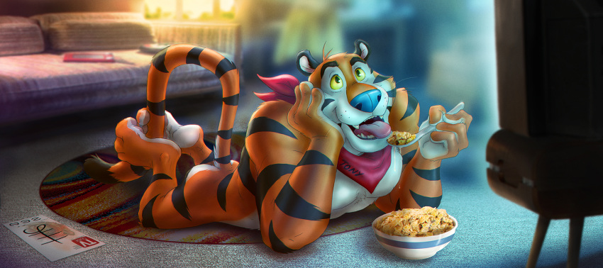 2019 4_fingers anthro bandanna blue_nose detailed_background felid fingers food frosted_flakes hi_res kellogg's male mammal mascot muscular muscular_male pantherine solo tiger tongue tongue_out tony_the_tiger yellow_sclera zen