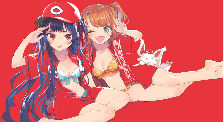 2girls bikini blue_eyes breasts brown_hair cleavage kimitoshiin long_hair red red_eyes swimsuit twintails