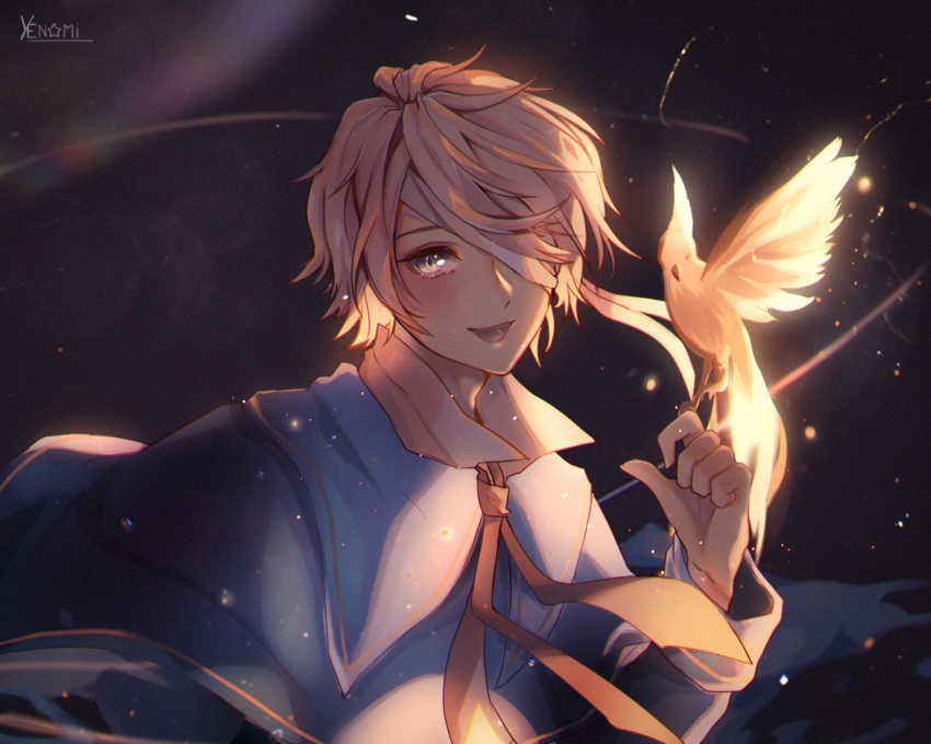 1boy artist_name bandage_over_one_eye bird bird_on_finger black_background blonde_hair blue_jacket blurry bokeh collared_shirt depth_of_field dove hand_up highres jacket looking_at_viewer male_focus necktie oliver_(vocaloid) open_mouth shirt smile upper_body vocaloid white_shirt yellow_neckwear yen-mi