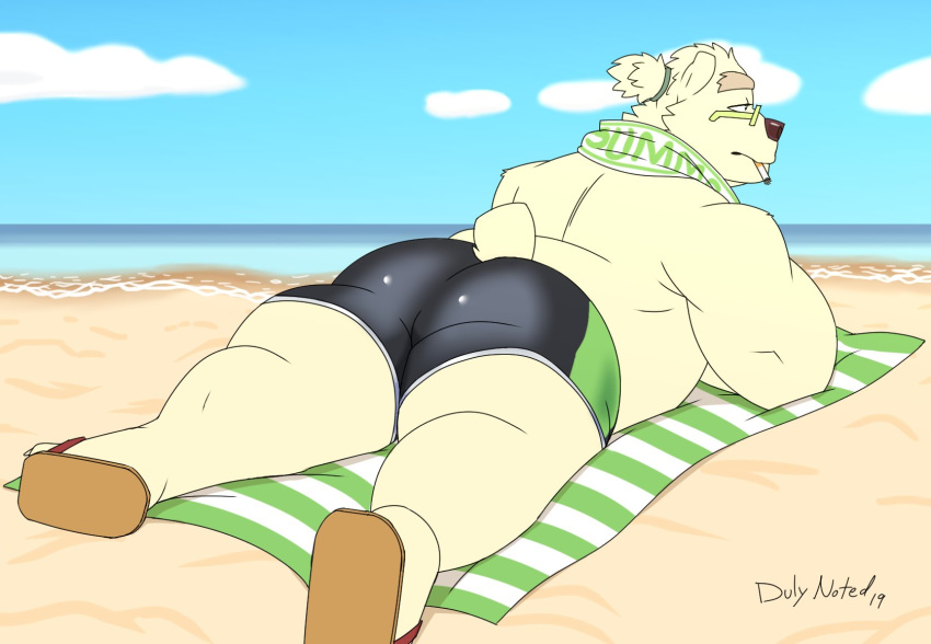 2019 beach bottomwear butt cigarette clothing duly_noted footwear hi_res leib_(tas) looking_back lying male mammal on_front polar_bear sandals seaside shorts slightly_chubby tight_clothing tokyo_afterschool_summoners towel ursid ursine video_games