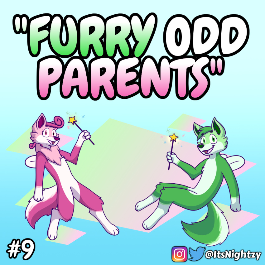 1:1 2019 3_toes anthro canid canine cosmo_(fop) duo english_text fur green_body green_eyes green_fur instagram itsnightzy magic_wand mammal meme nickelodeon pink_body pink_eyes pink_fur text the_fairly_oddparents toes twitter wanda_(fop) white_body white_fur wings