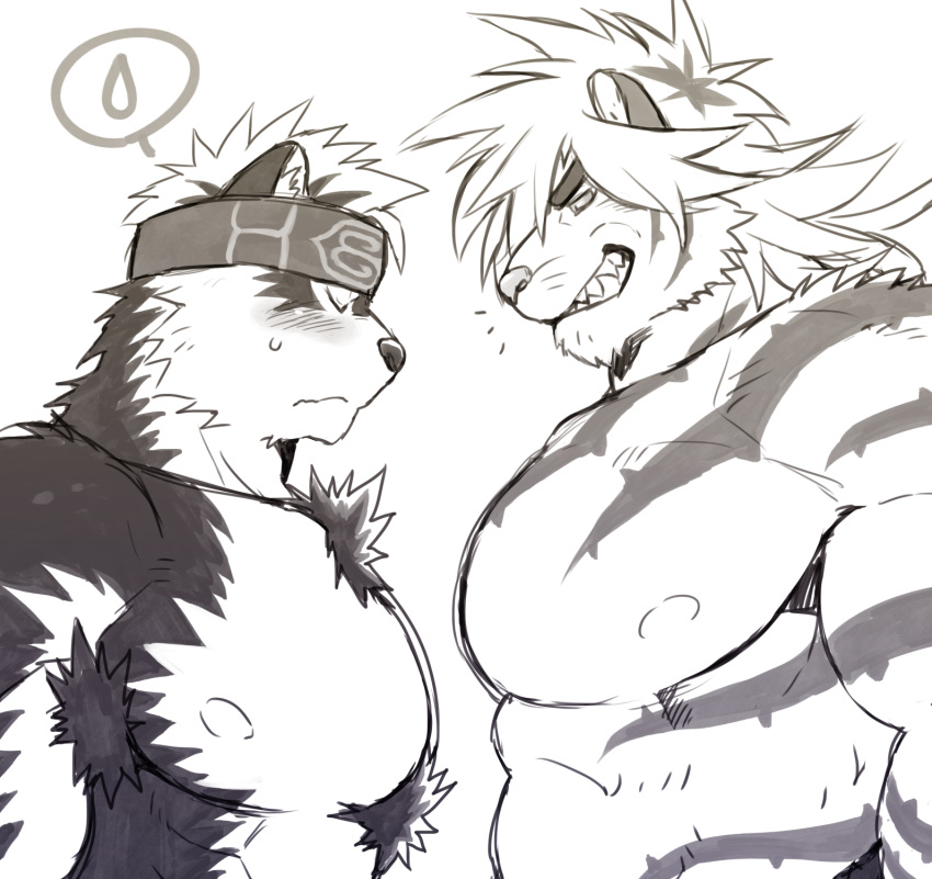 2017 anthro armpit_hair big_pecs body_hair canid canine canis chest_tuft duo eyes_closed felid fur hair hi_res horkeukamui kemono magan male male/male mammal muscular muscular_male pantherine pecs simple_background tiger tokyo_afterschool_summoners tuft video_games wolf xxomgx