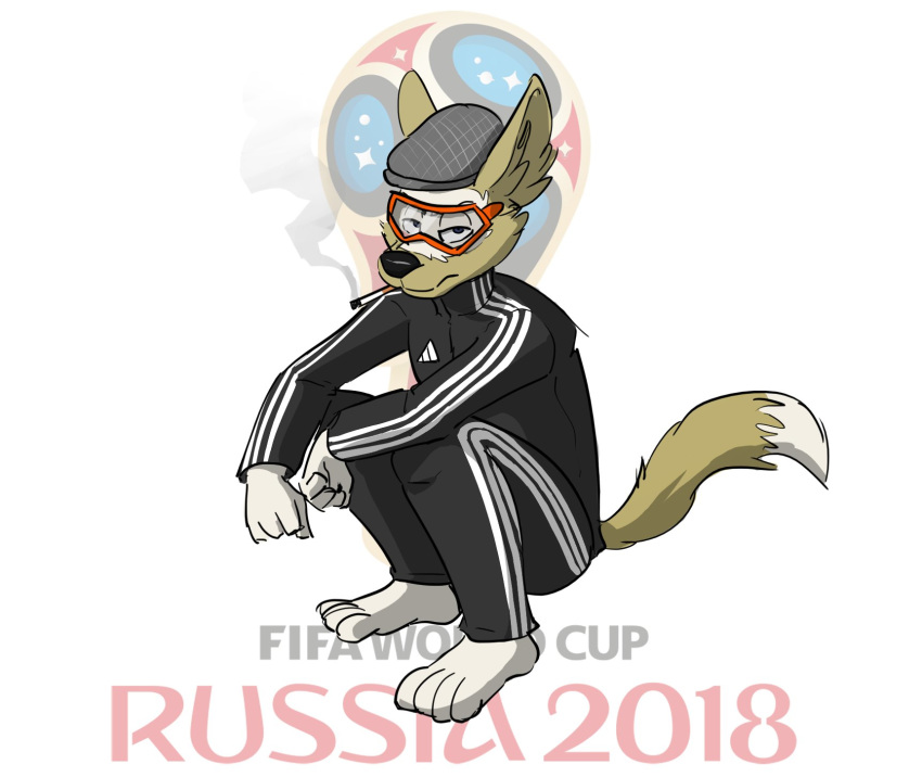 2016 4_fingers 4_toes adidas anthro artbyyellowdog ball barefoot biped blue_eyes canid canine canis cigarette clothed clothing crouching digital_media_(artwork) dipstick_tail english_text eyewear fifa fingers fur goggles gopnik hat headgear headwear hi_res looking_at_viewer male mammal mascot meme multicolored_body multicolored_fur multicolored_tail russia russian simple_background slav_squat smoking solo sport text toes tracksuit two_tone_body two_tone_fur two_tone_tail wolf zabivaka