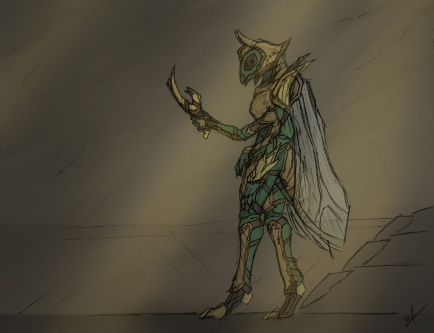 armor arthropod beetle cicada clothed clothing exoskeleton female gold_armor green_body horn insect mandibles sickle simple_background solo standing wings