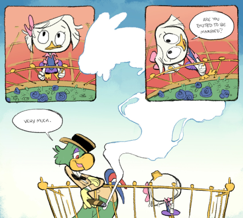 anatid anseriform avian bird clothing comic dialogue disney duck ducktales ducktales_(2017) fozzie jos&eacute;_carioca parrot webby_vanderquack