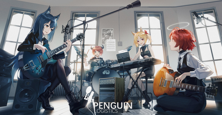 4girls 86_(nononononoway) :d acoustic_guitar amplifier animal_ears ankle_boots arknights band bare_arms bare_shoulders black_dress black_footwear black_legwear black_neckwear black_pants black_vest blazer blonde_hair boots breasts brown_hair cable cat_ears collared_shirt croissant_(arknights) cross-laced_footwear curled_horns dress drum drum_set drumsticks electric_guitar exusiai_(arknights) flat_chest guitar hair_ribbon halo heater highres horns indian_style indoors instrument jacket keyboard_(instrument) long_hair long_sleeves looking_at_viewer microphone_stand multiple_girls necktie on_floor open_mouth pants pantyhose poster_(object) profile red_hair ribbon sheet_music shirt short_dress sitting sitting_on_object sleeveless sleeveless_dress small_breasts smile sora_(arknights) speaker stole texas_(arknights) twintails undershirt very_long_hair vest white_shirt window wooden_floor yamaha yellow_eyes