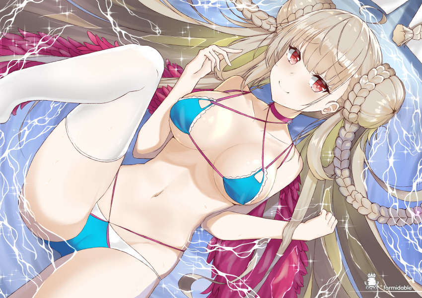 1girl absurdres ahoge azur_lane bangs bare_legs bare_shoulders bikini blonde_hair blue_bikini blunt_bangs blush braid breasts breasts_apart character_name closed_mouth collarbone criss-cross_halter day double_bun eyebrows_visible_through_hair fengyue_jiang formidable_(the_lady_of_the_beach)_(azur_lane) halterneck highres large_breasts leg_up long_hair looking_at_viewer lying on_back outdoors red_eyes single_braid single_thighhigh smile solo sparkle swimsuit thighhighs very_long_hair water white_legwear