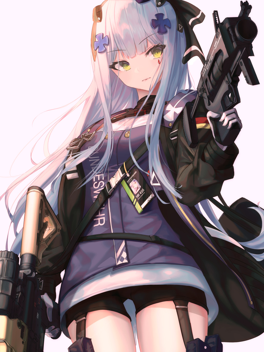 1girl absurdres assault_rifle bangs bike_shorts black_shorts blunt_bangs breasts cowboy_shot dress dual_wielding eyebrows_visible_through_hair facial_mark girls_frontline gloves green_eyes grenade_launcher gun h&amp;k_hk416 hair_ornament hair_ribbon hat headgear heckler_&amp;_koch highres hk416_(girls_frontline) holding holding_gun holding_weapon iron_cross jacket long_hair looking_at_viewer medium_breasts mini_hat mod3_(girls_frontline) name_tag open_clothes open_jacket ribbon rifle short_dress shorts shorts_under_dress silver_hair skell.b snap-fit_buckle solo teardrop very_long_hair weapon