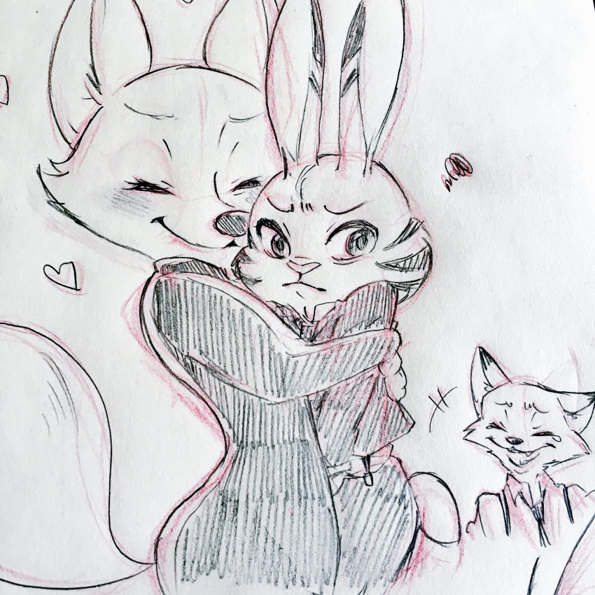 &lt;3 1:1 2016 anthro arctic_fox blush bodily_fluids canid canine clothed clothing disney duo eyes_closed female flustered fox hi_res hug jack_savage lagomorph laugh leporid male mammal necktie nick_wilde rabbit shirt size_difference skye_(zootopia) strawberry628_(artist) tears topwear traditional_media_(artwork) zootopia