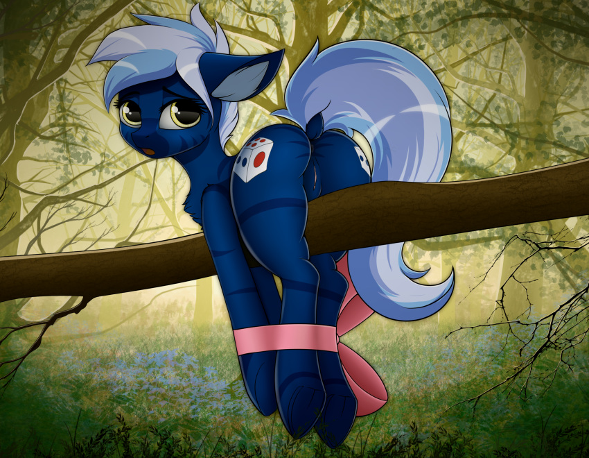 2019 anus bdsm bondage bound butt crashgall cutie_mark digital_media_(artwork) dock equid equine eyelashes fan_character female feral hi_res hooves looking_at_viewer mammal my_little_pony outside pussy ribbons solo underhoof