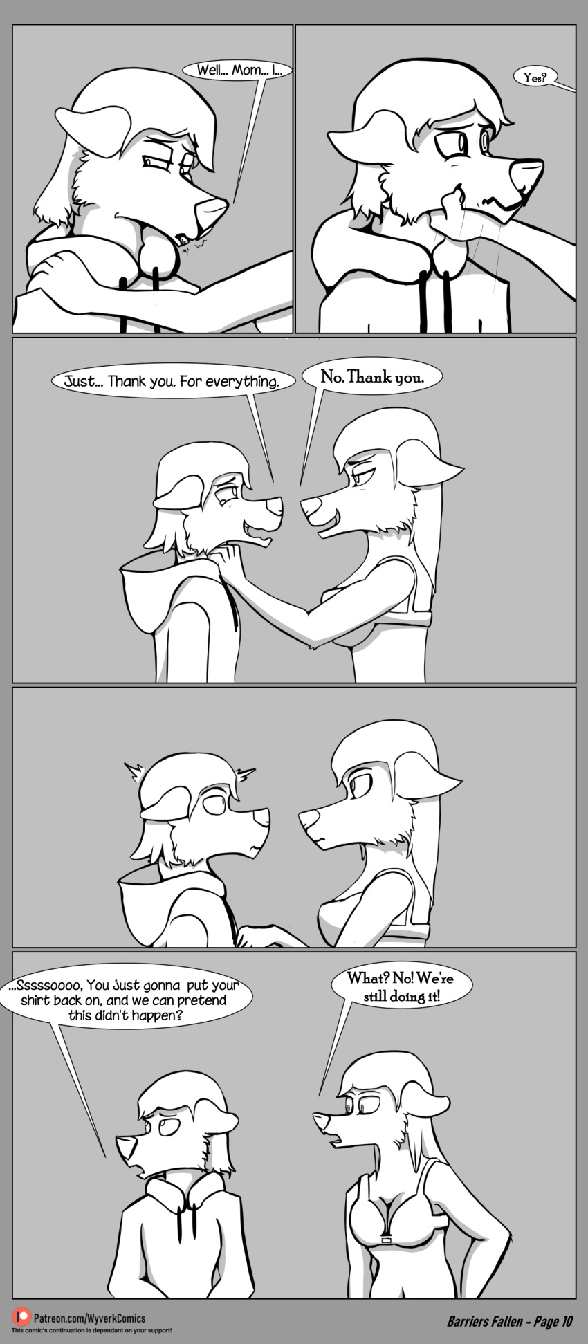 2019 absurd_res anthro canid canine clothed clothing comic hi_res jackywind llori_gray male mammal mother mother_and_child mother_and_son parent parent_and_child shane_gray son