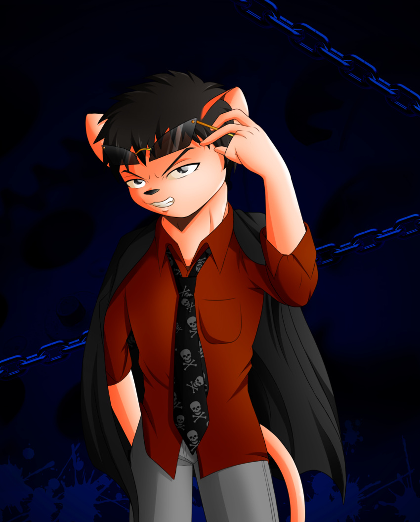 animal_strife black_eyes black_hair chain clothed clothing domestic_cat eyewear felid feline felis fire_conejo fur hair hi_res invalid_tag mammal necktie pink_body pink_fur shirt slim sunglasses topwear villainous