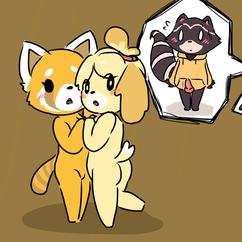 1:1 aggressive_retsuko ailurid animal_crossing animal_genitalia animal_penis anthro anthro_on_anthro breasts canid canine canine_penis canis caught chillhop_raccoon digital_media_(artwork) domestic_dog embarrassed erection exhibitionism female female/female hi_res isabelle_(animal_crossing) knot looking_at_viewer looking_back male mammal muffinlewds nintendo nude penis procyonid raccoon red_panda retsuko sanrio sketch standing video_games