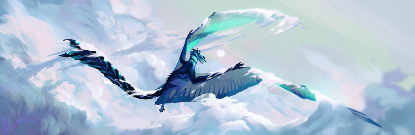 2019 absurd_res ambiguous_gender day detailed_background digital_media_(artwork) dragon feathered_dragon feathered_wings feathers feral flying grey_body grey_feathers hi_res kassillea open_mouth outside sky solo teeth wings