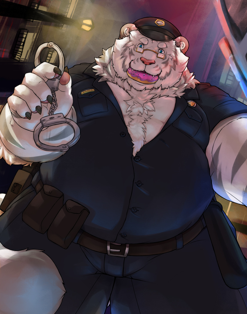 absurd_res anthro badge belly belt cinna-tree claws clothed clothing detailed_background doughnut eating eyewear felid food fur glasses handcuffs hat headgear headwear hi_res holding_object male mammal moobs obese obese_male outside overweight overweight_male pantherine police_uniform shackles smile solo striped_body striped_fur stripes tiger uniform white_body white_fur
