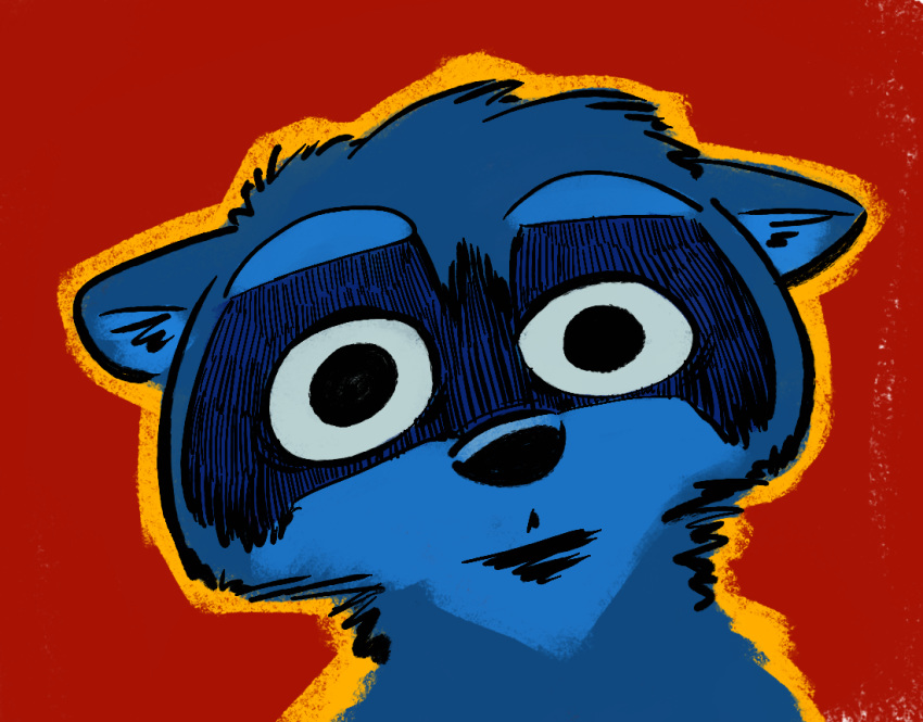 2019 ambiguous_gender anthro benjamin_(fuel) bust_portrait cheek_tuft face_tuft facial_markings fuel_(artist) head_markings head_tuft inner_ear_fluff looking_at_viewer mammal markings mask_(marking) neck_tuft outline portrait procyonid raccoon reaction_image red_background restricted_palette simple_background solo tuft yellow_outline