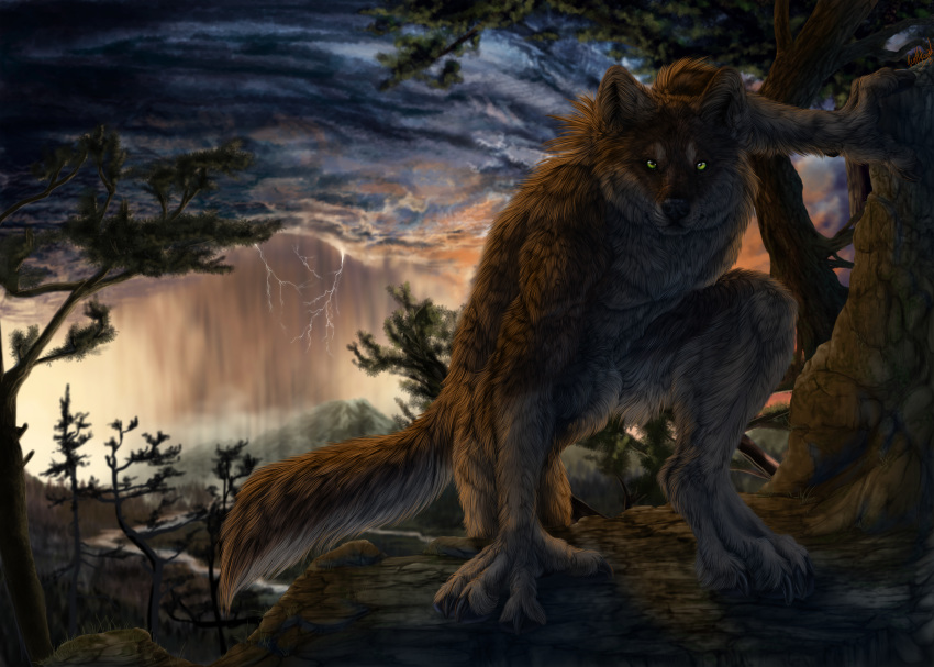 2013 4_fingers 4_toes absurd_res anthro black_nose brown_body brown_fur canid canine canis day detailed_background digital_media_(artwork) digitigrade fingers fur green_eyes hi_res looking_at_viewer male mammal outside sky solo toes wolf wolfroad