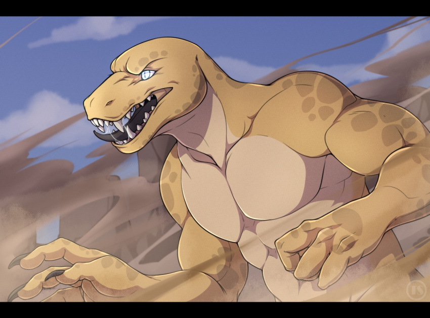 2019 angry anthro bodily_fluids desert ismar lizard male nude open_mouth outside reptile scalie solo teeth tres-art