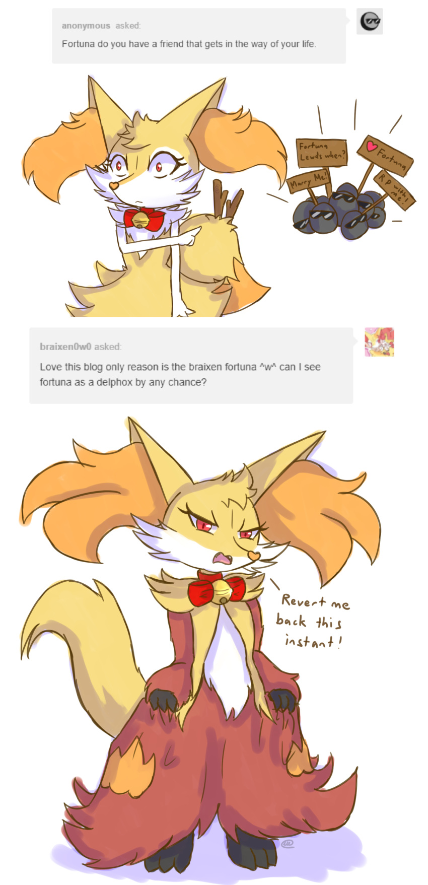 &lt;3 2017 3_fingers 3_toes :&lt; absurd_res ambiguous_gender anon anthro ask_blog bell black_body black_fur braixen canid canine cute_fangs delphox dialogue digital_media_(artwork) dipstick_tail english_text eyelashes eyewear fan_character female fingers fortuna_(unknownlifeform) fur gesture group heart_nose hi_res inner_ear_fluff jingle_bell looking_at_viewer mammal multicolored_tail neck_bow nintendo open_mouth orange_body orange_fur pointing pok&eacute;mon pok&eacute;mon_(species) red_body red_eyes red_fur shadow sign simple_background solo standing stick sunglasses text toes tuft tumblr unknownlifeform video_games white_background white_body white_fur yellow_body yellow_fur