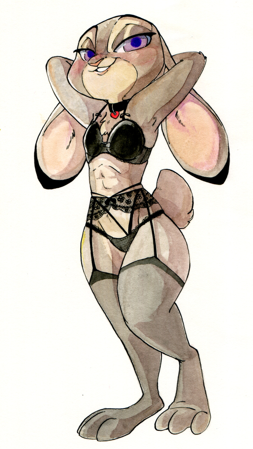 &lt;3 anthro bra briskby camel_toe chest_tuft clothing collar dipstick_ears disney ears_down female fur garter_belt garter_straps grey_body grey_fur hi_res inner_ear_fluff judy_hopps lagomorph legwear leporid lingerie looking_at_viewer mammal multicolored_ears panties pink_nose pivoted_ears purple_eyes rabbit scut_tail simple_background smile solo standing stockings teeth thick_thighs tuft underwear white_background wide_hips zootopia