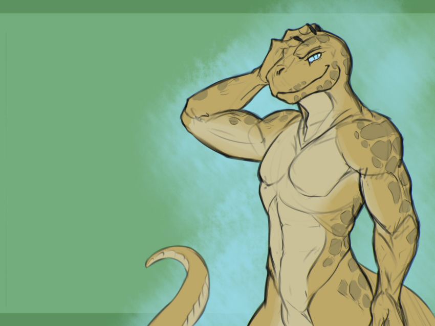 4:3 anthro clothed clothing digital_media_(artwork) ismar linuell lizard looking_at_viewer male muscular nude reptile scalie solo