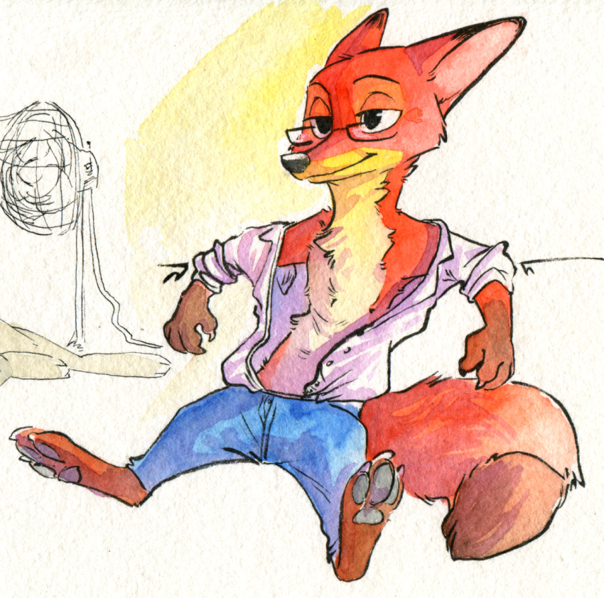 anthro barefoot biped bottomwear briskby canid canine chest_tuft claws clothed clothing dipstick_ears disney eyewear fluffy fluffy_tail fox fur glasses light lighting mammal mechanical_fan multicolored_ears nick_wilde open_shirt painting_(artwork) pants pawpads reclining red_body red_fox red_fur shirt simple_background solo toe_claws topwear traditional_media_(artwork) tuft watercolor_(artwork) white_background white_body white_fur zootopia